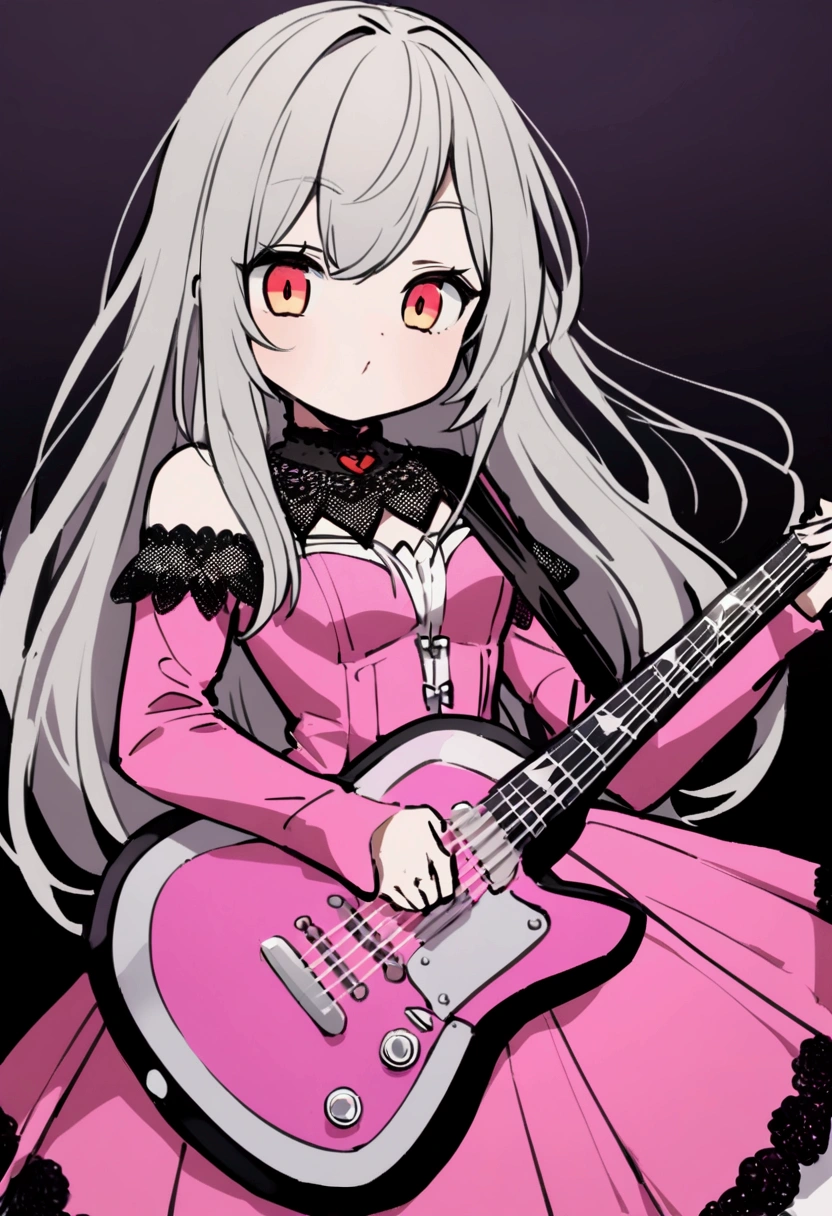 Young woman around her -19, has white and gray strands, amber eyes, long hair,flushy cheeks, likes to wear pink Gothic clothes, her body tipes is hourglass. Playing electric guitar.
