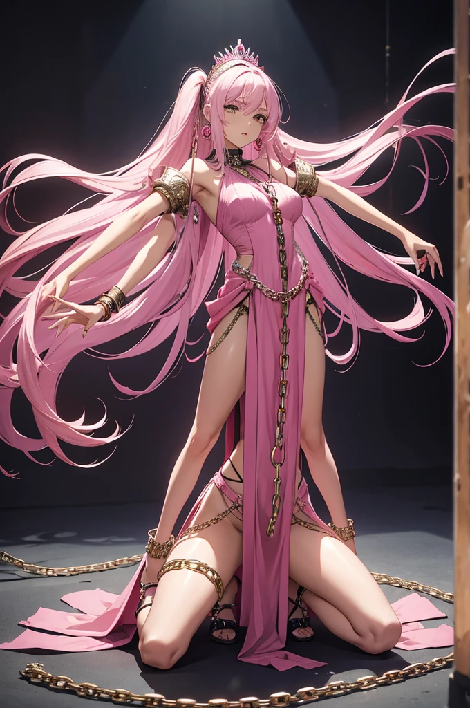 Beautiful woman, full body, adult woman, long hair, princess crown on head, pink dress, pink dress, pink dress, ripped dress, torn dress, chained with outstretched arms, prisoner, prisoner, shackles on arms, outstretched arms, pink heels, bare legs, bare arms, chains, surround woman, chained woman, pink heels, many chains surround woman, chain surrounds woman's ponytail,  Chain surrounds woman's ponytail, long legs, long legs, bare legs