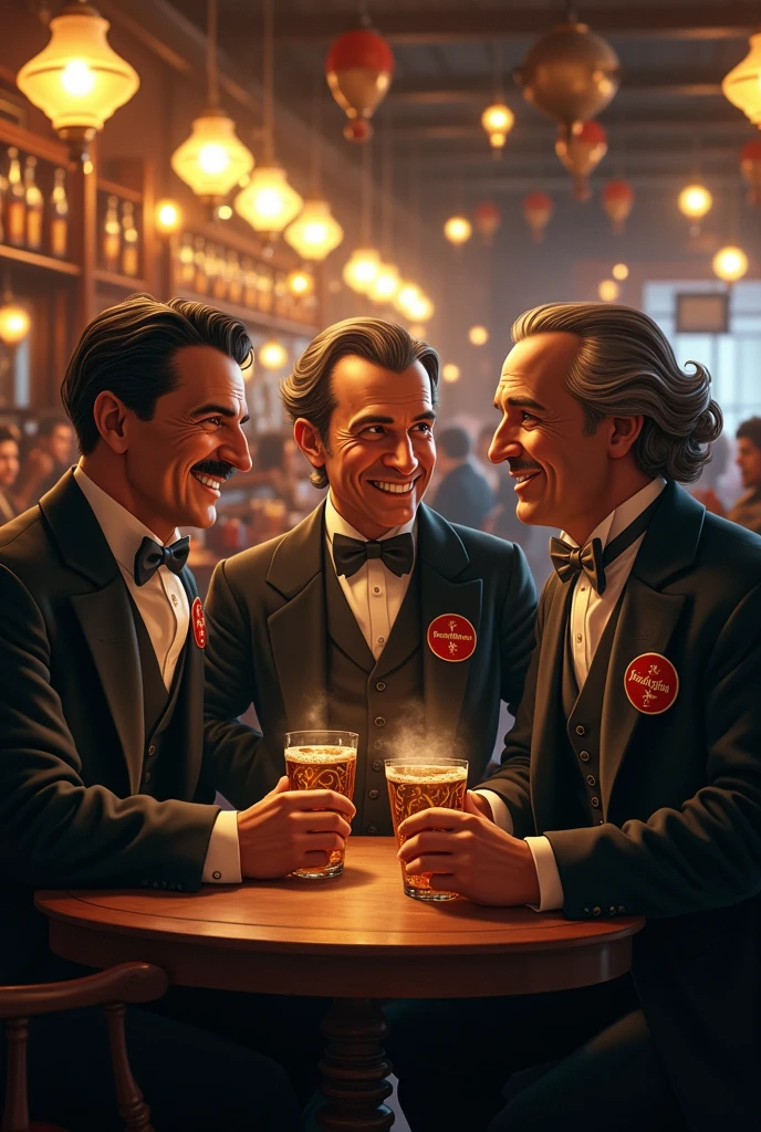 Create an image of Nikola tesla, Michael Faraday and Alessandro return drinking in a bar,with a cheerful conversational expression and identify those with a button with the apparent name