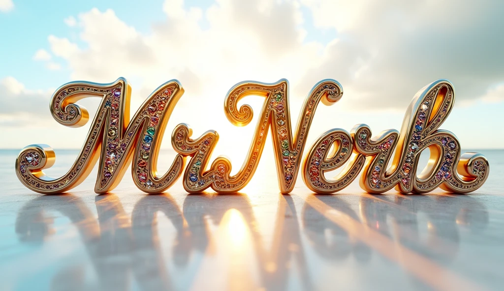 (text:"Mr Nerb") The words, in fancy script text, direct bright lighting front face view, calligraphy, bright polished reflective chrome, tropical sky reflection, small coloured glass and mineral stone decorative inserts, on white silk background, art nouveau flowing shapes and flourishes, bright sparkling highlights on text, lens flare, logo, badge, emblem, insignia, label, photorealistic, extremely detailed, beautiful, unique, epic, cinematic,