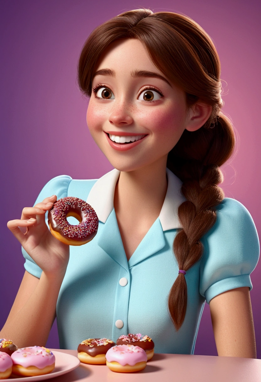 Pixar style image with 3D character brunette woman with medium straight hair eating mini donuts, Disney makeup,, cute, delicate smile, wearing delicate clothing ,close up, pixar, Disney, Cinema lighting,