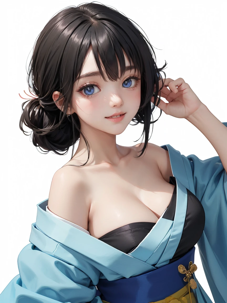 eye makeup , cute girl , detailed eyes , tied hairstyle , white background , face , huge breasts , bright smile , kimono