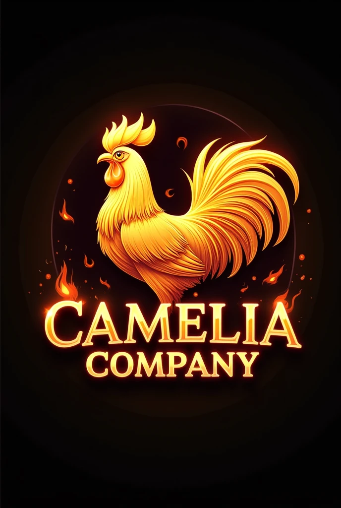 1111ľA logo with the name Camelia Company with gold and fire and a rooster