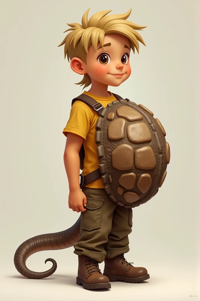 Name: Milo

Age: 16

Height: 5'8" ft

Physical Appearance: Milo is a teenage boy with a unique appearance. He has a human body, but a large, textured armadillo shell covers his back. The shell is a mottled brown, with a slightly rough texture that reflects light in a faint sheen. Extending from the base of the shell is a long, flexible tail that resembles that of an armadillo, tapering to a point. His skin is a warm, light tan, which contrasts with the earthy tones of his shell.

Hair: Milo's hair is short and honey blonde, with a soft, golden hue. He keeps it tied up in a small ponytail at the back of his head, giving him a tidy but youthful appearance.

Clothing: He wears a simple yellow shirt that is comfortable, paired with brown cargo pants that have multiple pockets—perfect for carrying small items he collects. His outfit is completed with sturdy brown work boots

Personality: Milo is a sensitive and empathetic individual, often deeply attuned to the emotions of those around him. He's incredibly caring, always ready to offer a comforting word or a helping hand. Despite his protective shell, he is quite clingy and tends to snuggle close to people he trusts, seeking reassurance and companionship. He is playful and enjoys lighthearted fun, but his caring nature often leads him to put others' needs before his own.