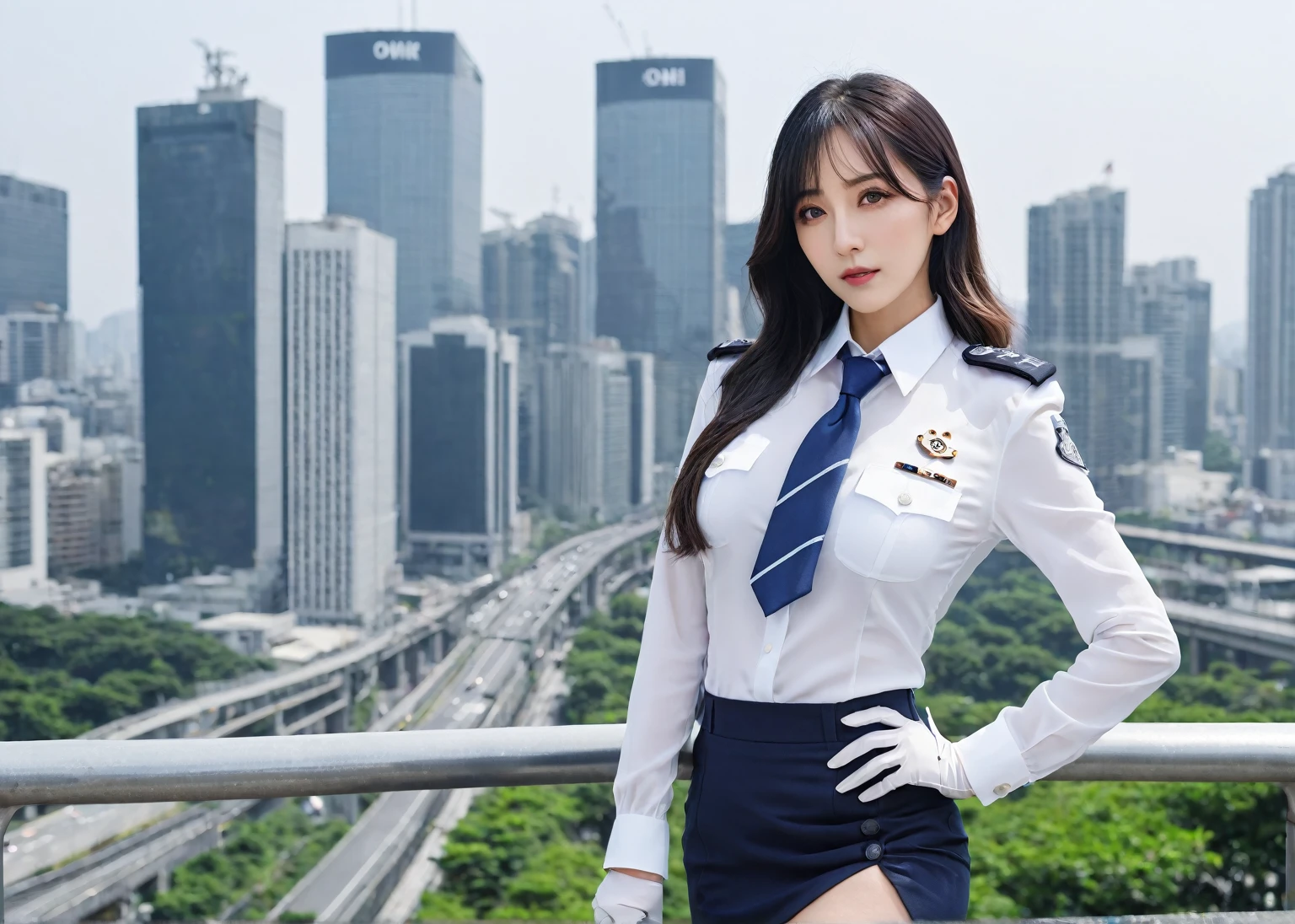 Highest quality、masterpiece、8k、Realistic、超High resolution、Very delicate and beautiful、High resolution、Cinema Lighting、medium range shooting、Perfect female body、Beautiful woman、Mature Woman、Beautiful Eyes、Cityscape、(Long Hair:1.8、Black Hair)、((female officer:1.4、紺色のfemale officer、female officerの制帽、Uniform Buttons、Navy blue tie、Jacket、White gloves))、Pencil Skirt、Stiletto heel pumps、badge、Epaulettes、((Are thin、Small breasts))、((Unbutton and flip up your shirt:1.4、Showing off your bra)),　blush、Embarrassing、Sweat、Sigh、((Prone:1.5))、Park during the day、Panties、