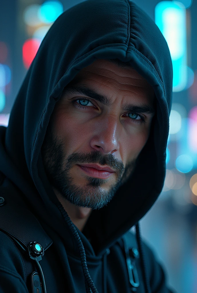 absurd rest, high res, ultra detailed), 1 male, mature, manly, tall muscular, handsome, finely detailed eyes, intricate details, portrait, looking at viewer, solo, half shot, detailed background, detailed face, (2006s synthwave theme:1.1) high-tech futuristic hacker, smirk, advanced technology, hoodie, tech Wear, wearable device, key cards, cables, (holographic d