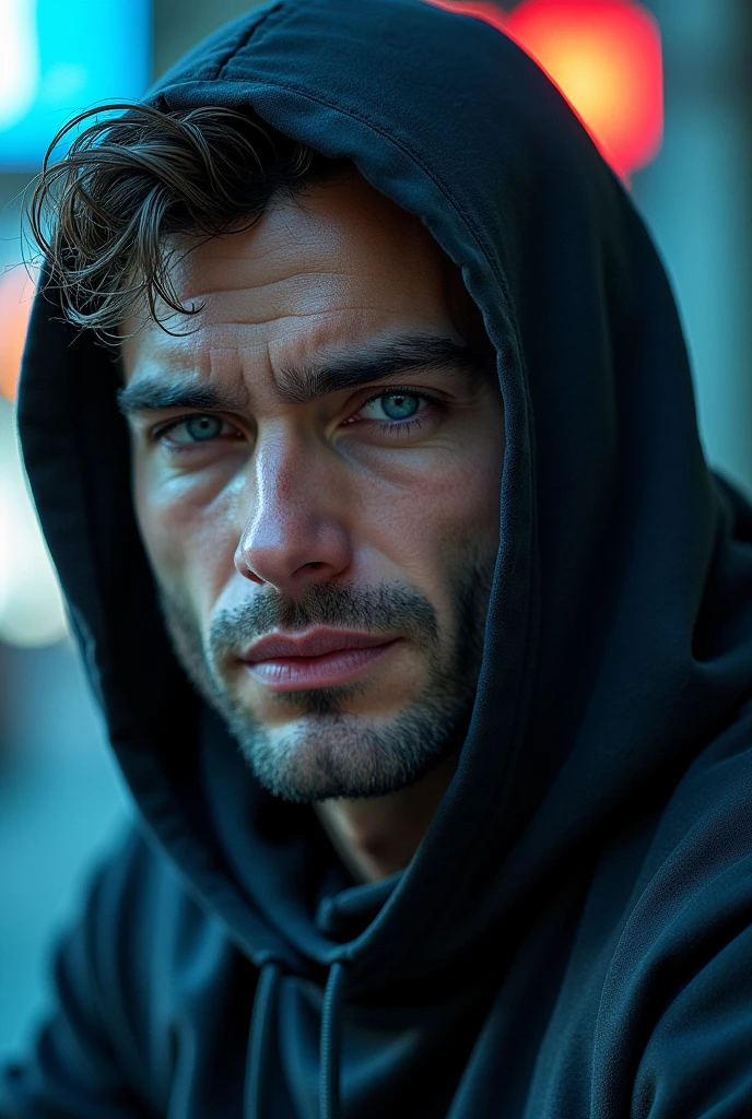 absurd rest, high res, ultra detailed), 1 male, mature, manly, tall muscular, handsome, finely detailed eyes, intricate details, portrait, looking at viewer, solo, half shot, detailed background, detailed face, (2006s synthwave theme:1.1)  high-tech futuristic hacker, smirk, advanced technology, hoodie, tech Wear, wearable device, key cards, cables,   (holographic d