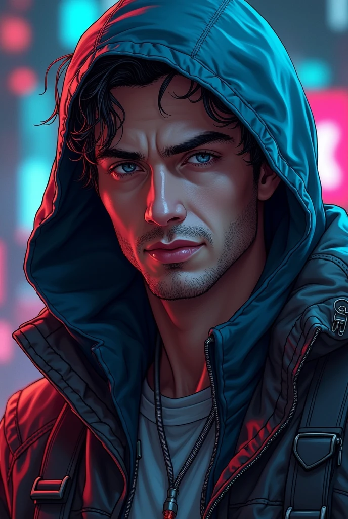 absurd rest, high res, ultra detailed), 1 male, mature, manly, tall muscular, handsome, finely detailed eyes, intricate details, portrait, looking at viewer, solo, half shot, detailed background, detailed face, (2006s synthwave theme:1.1) high-tech futuristic hacker, smirk, advanced technology, hoodie, tech Wear, wearable device, key cards, cables, (holographic d