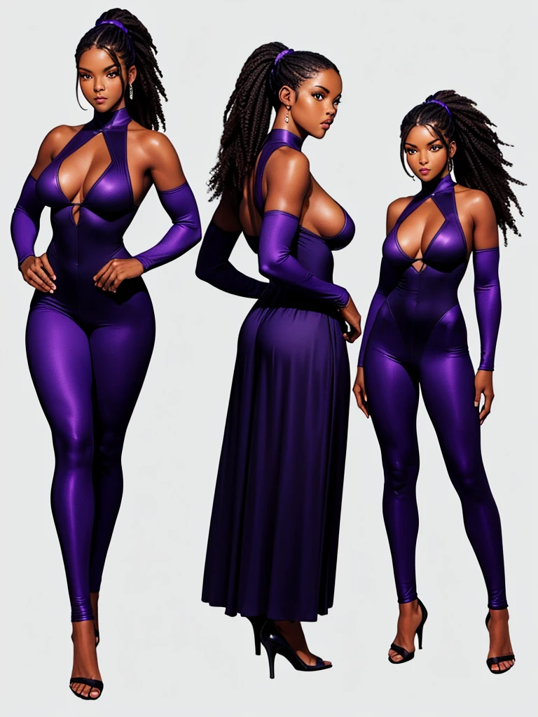((best quality)), ((4k)), ((highres)), ((masterpiece:1.2)). ((detailed)), ((ultra realistic)), ((intricate details)), ((full body picture)), ((character design sheet)), ((blank background)), a full body picture of a beautifull ebony female, black woman, perfect face, gorgeous face, detailed eyes, detailed lips, about 25 years old, about 5'7 ft. tall, long bushy afro-crisp curly hair with a ponytail, black hair, ((emphasis on her long bushy afro-crisp black curly hair with a ponytail)), athletic body, muscular body, dressed in a bodysuit ((emphasis on her bodysuit)), purple and black outfit, ((emphasis on purple and black outfit)), multi-colored outfit, ((emphasis on multi-colored outfit)), open lab coat, scientist character, glasses, superhero character, superhero concept art, superhero character concept art, full body, full body concept art, full body art