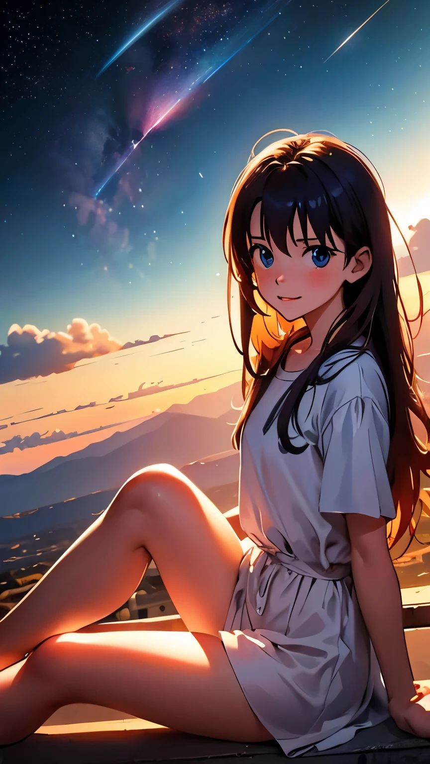 Vast landscape photography, Fisheye Lens:1.3，A  of 10 years old is standing looking at the cityscape in the distance, Very short stature，Flat Chest，Very thin thighs，Look up at the sky, shooting star, fire Fly, dream, Makoto Shinkai Cyril Rolland, Space Sky. by makoto shinkai, 32K Anime Wallpapers, anime wallpaper 4k, anime art wallpaper 4k, Anime Art Wallpapers 32K, Sitting on a cloud in space, Anime Art Wallpapers 8K, Place your hands on your knees，From below，
