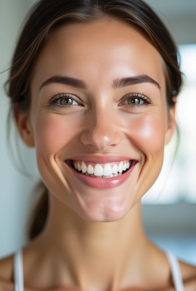 Create a realistic photo promotional image for a dental clinic offering resin veneers. The image should feature of a bright, confident smile with perfectly aligned, natural-looking teeth enhanced by resin veneers. Use a clean, modern aesthetic with a focus on the details of the veneers and a space in square for text and price