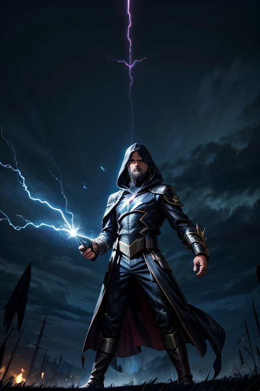 Dark wizard casting magic on the battlefield, black sky, black lightning falling from the sky 
