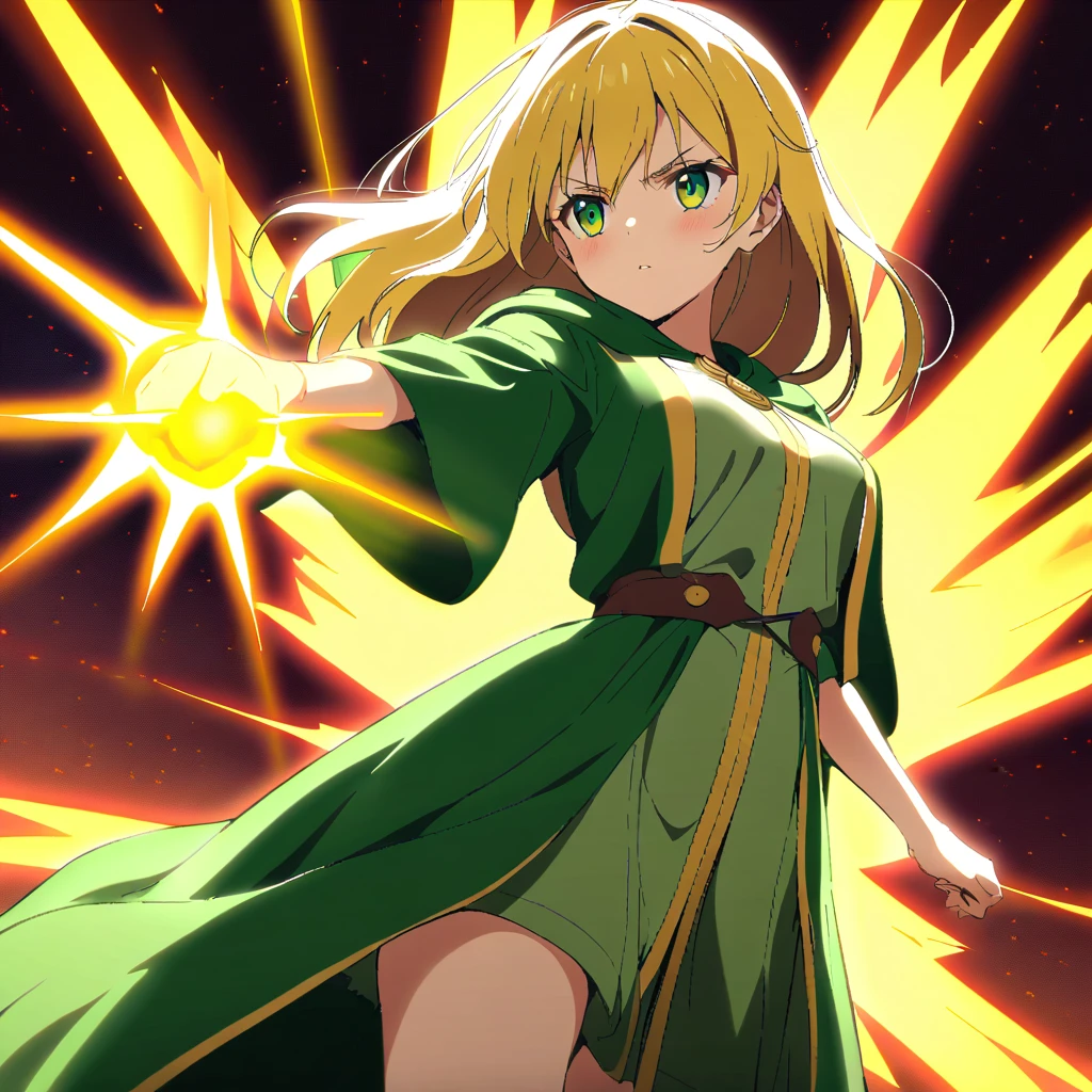 {{cowgirl shot, dutch angle, female focus}} {{Artist: Sincos}}
girl with golden hair and bright green eyes. long Green mage robe, she releases all her energy and majestic,holy power. Her stare very intense no shoes. Godly yellow energy punch