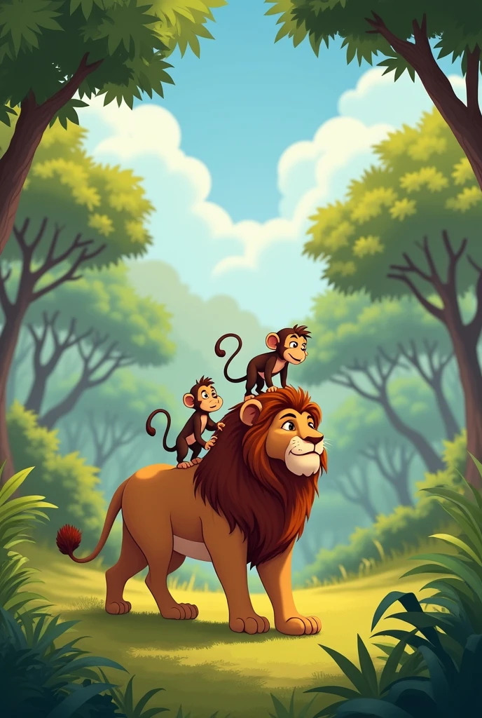 Animated image of a lion walking through the jungle with a wider background, Then he sees a monkey on top of a tree, They look at each other, The lion shakes his head up and down. The monkey comes down from the tree and climbs on top of the lion, playing., only 1 monkey The monkey playing with the lion, jumping