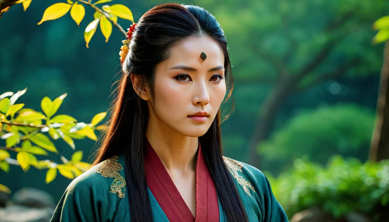 Photorealistic, cinematic depiction of Yenu, a woman of serene beauty and imposing presence. She has deep brown eyes that convey wisdom and strength, and her expression is one of quiet confidence. Her dark, flowing hair frames her face, complementing her strong features. Yenu's attire is traditional, reflecting her connection to the ancient culture of Yue, with intricate patterns and earthy tones that blend harmoniously with the natural surroundings. Her posture is upright, and her demeanor is both gentle and authoritative, capturing the essence of her character as a wise and powerful figure. Ultra detailed, high quality, 8K, HD, highly detailed, stunning visuals, cinematic, hyperrealistic, hyperrealism, high-definition, masterpiece, composition, full HD, dynamic, dramatic, beautiful, light, striking, elegant, perfect balance, calm, healing, creative, vibrant, orderly, tidy, confident, spiritual, complex, marvelous, rich artistic color background, vivid colors, ambient, pristine, flawless, pure, attractive, pretty, determined, passionate, innocent, enchanted, magic, mystical, magical, illuminated
