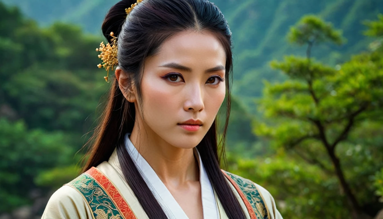 Photorealistic, cinematic depiction of Yenu, a woman of serene beauty and imposing presence. She has deep brown eyes that convey wisdom and strength, and her expression is one of quiet confidence. Her dark, flowing hair frames her face, complementing her strong features. Yenu's attire is traditional, reflecting her connection to the ancient culture of Yue, with intricate patterns and earthy tones that blend harmoniously with the natural surroundings. Her posture is upright, and her demeanor is both gentle and authoritative, capturing the essence of her character as a wise and powerful figure. Ultra detailed, high quality, 8K, HD, highly detailed, stunning visuals, cinematic, hyperrealistic, hyperrealism, high-definition, masterpiece, composition, full HD, dynamic, dramatic, beautiful, light, striking, elegant, perfect balance, calm, healing, creative, vibrant, orderly, tidy, confident, spiritual, complex, marvelous, rich artistic color background, vivid colors, ambient, pristine, flawless, pure, attractive, pretty, determined, passionate, innocent, enchanted, magic, mystical, magical, illuminated