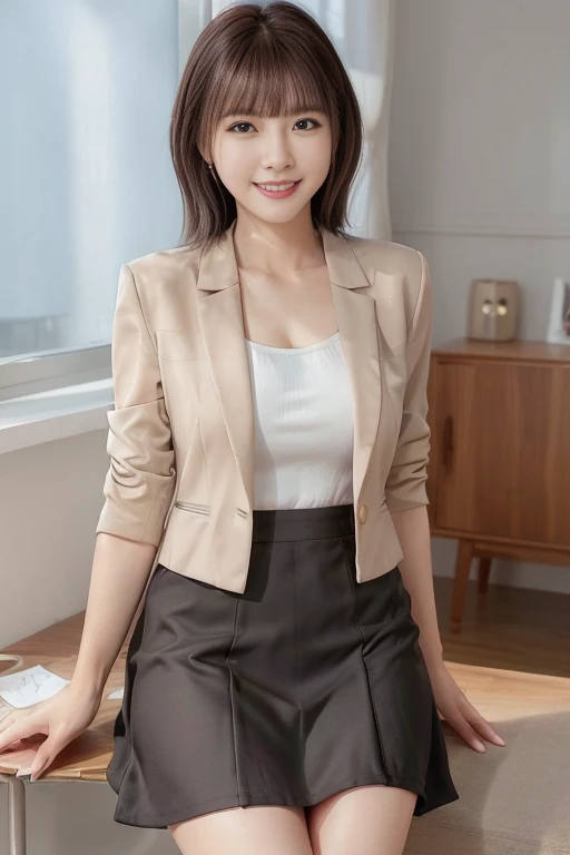 美しい日本のofficeレディー、Mature Woman、Mature Woman、Transparent beauty、sexy、blazer、Cotton tight skirt、Emphasized chest、Panties peeking out from tight skirt、8K high resolution、masterpiece、Photo quality、office、smile、Sitting on the bed、