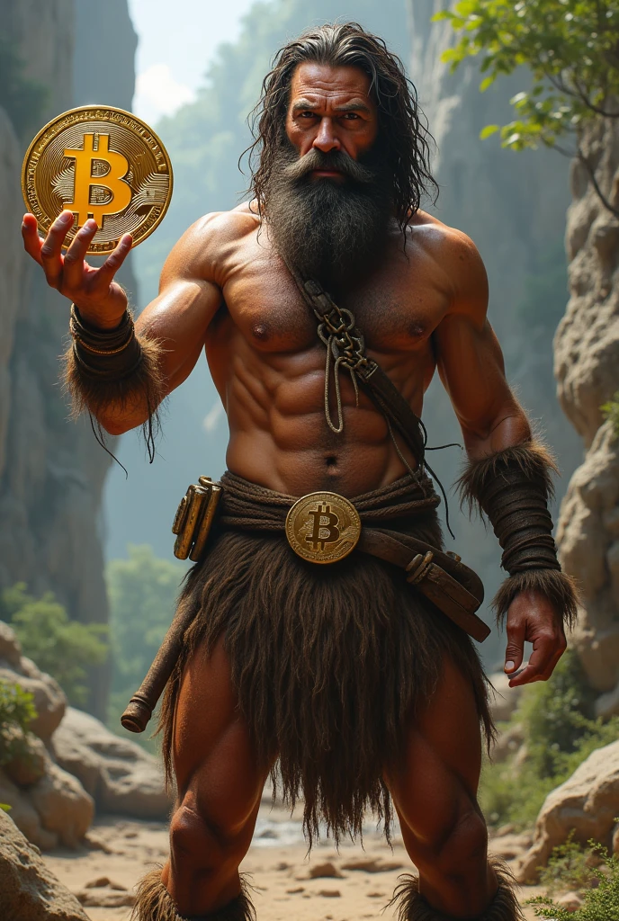 Full body caveman with Bitcoin coin in left hand 