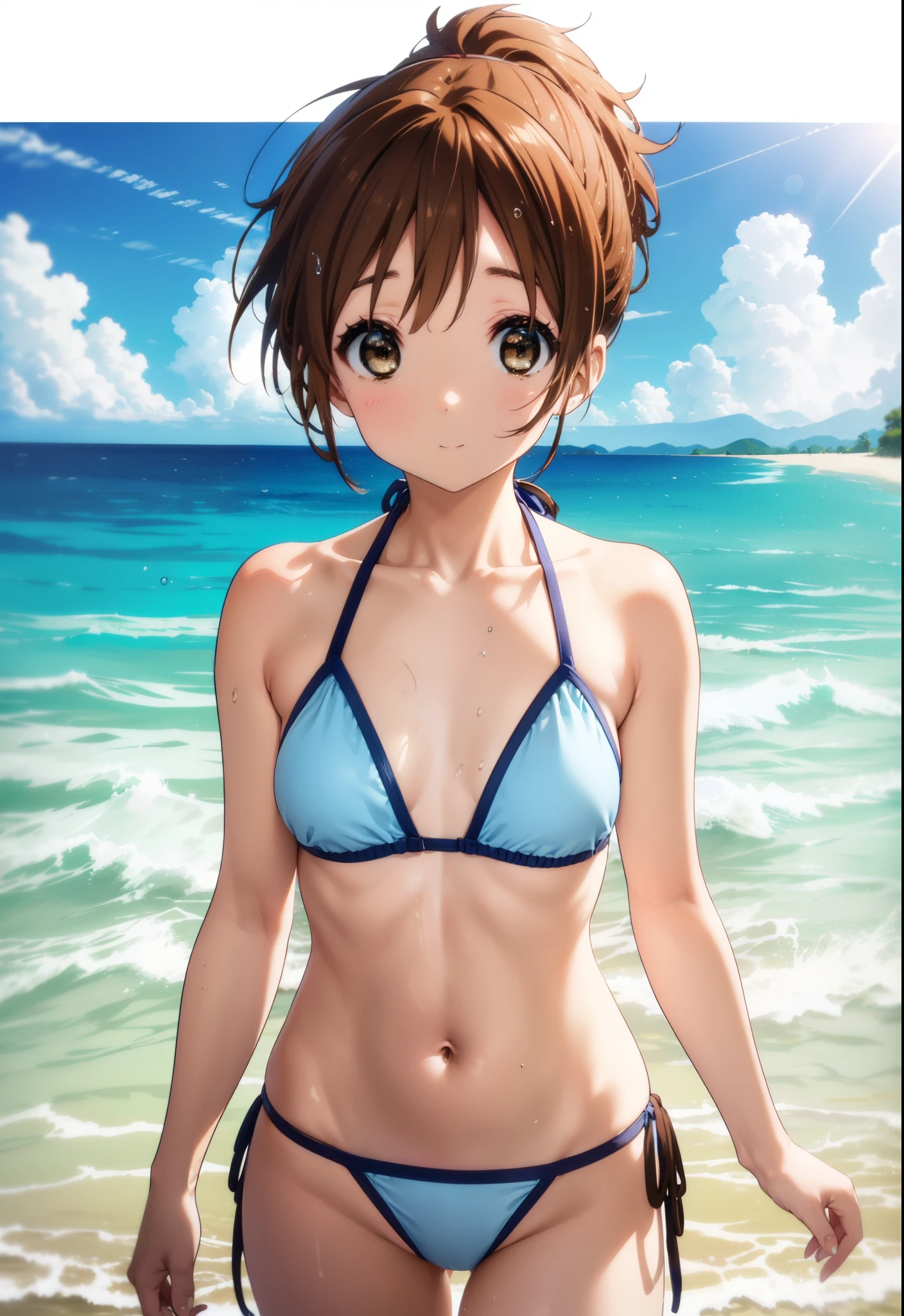 Konui Hirazawa, Yu Hirasawa, short hair, Brown Hair, (Brown eyes:1.5), ponytail,smile,Open your mouth,Light blue bikini string swimsuit,barefoot,Water Play,Wet Hair,Wet Skin,Wet swimsuit,Daytime,Clear skies,True Summer,whole bodyがイラストに入るように,
break outdoors,Ocean,
break looking at viewer,whole body, (Cowboy Shot:1.5),
break (masterpiece:1.2), Highest quality, High resolution, unity 8k wallpaper, (figure:0.8), (Beautiful attention to detail:1.6), Highly detailed face, Perfect lighting, Highly detailed CG, (Perfect hands, Perfect Anatomy),