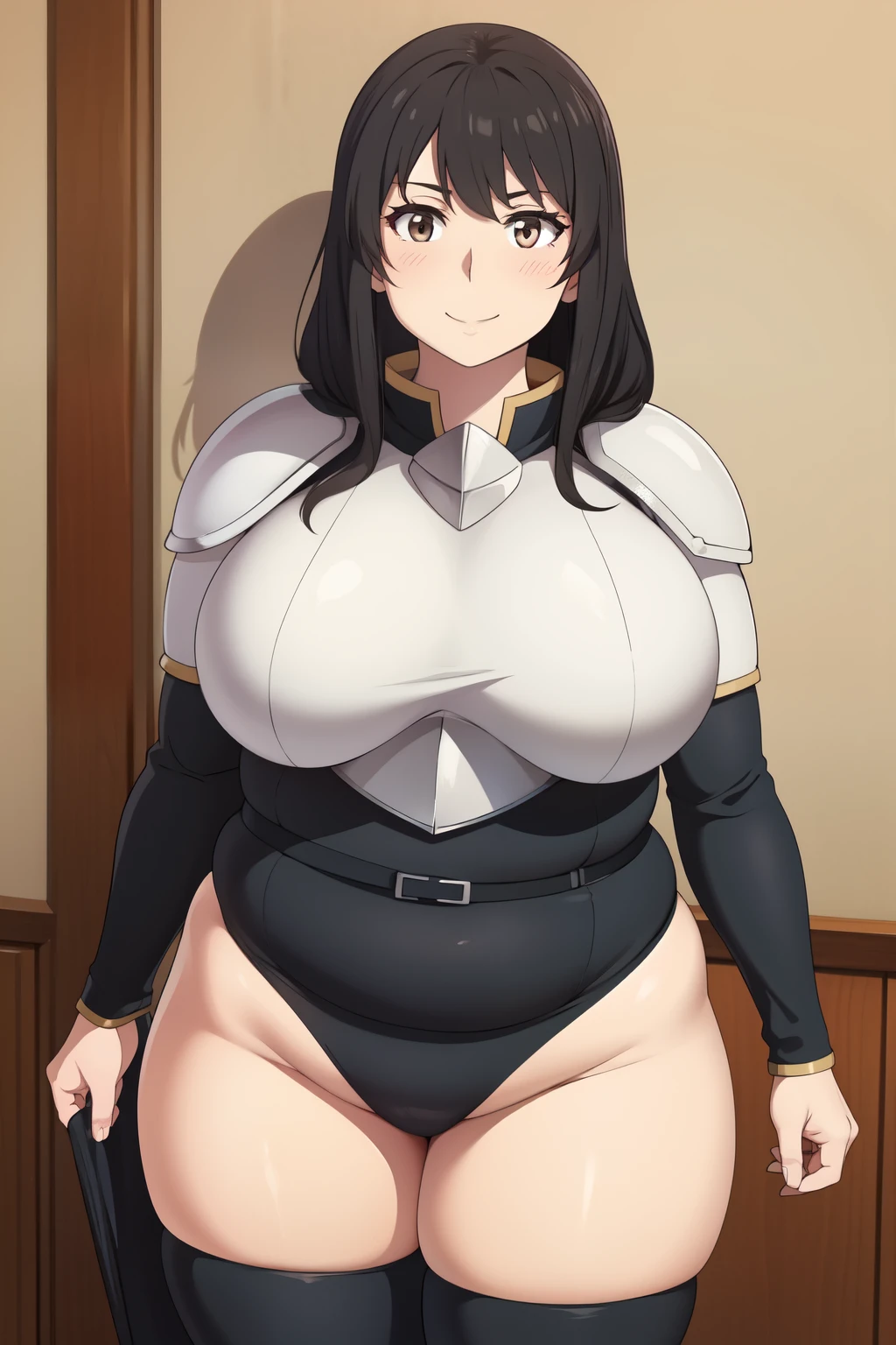 Plump year 21 big breasts black hair brown eyes happy longer hair smile blushing deredere armor leotard