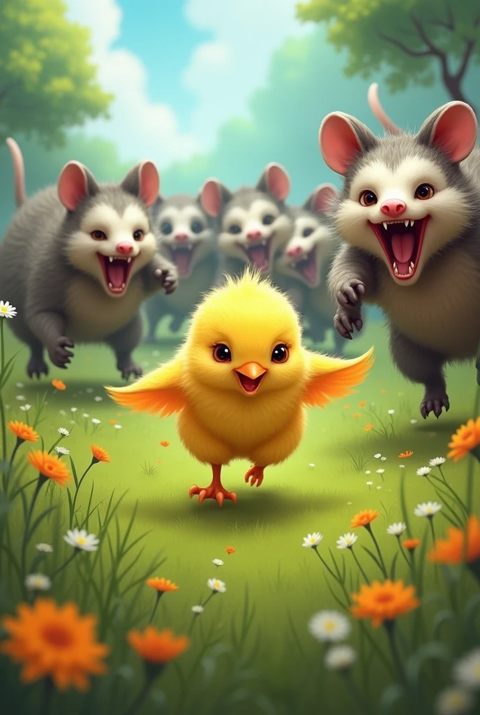 Little yellow chick running from an army of opossums