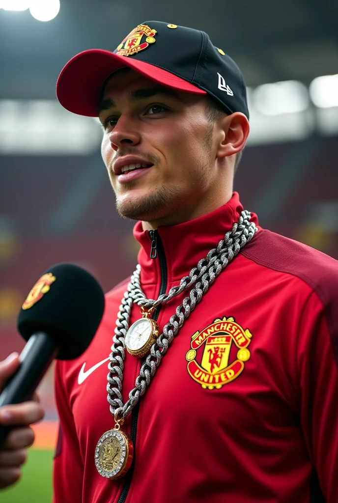 a serbian manchester united 18 year old footballer giving an interview after a game in training jacket with iced out chains and a cap and a rolex