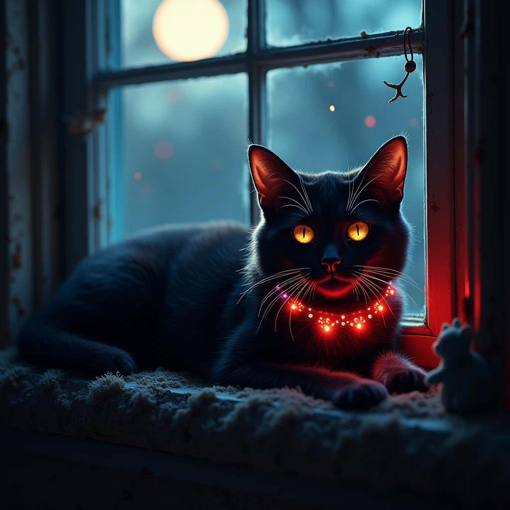 crazy gothic vampire cat familiar creature good and kind #rainbowangelicwings #rainbowshineeyes #redrudysparklecollar #inthemoonlightlayingonawindowceel #snugglingupnextthethewindowceel