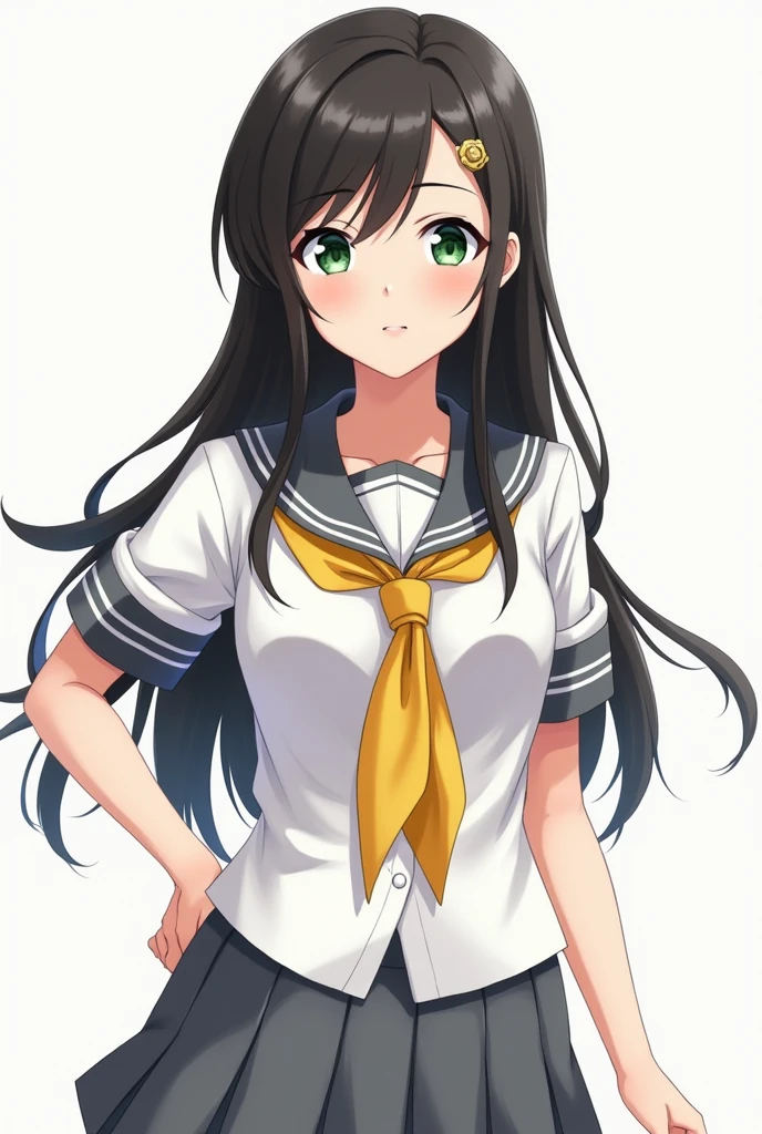 love live!,love live! sunshine!!,kurosawa dia,green eyes,hime cut,black hair,long hair,tsurime, love live! style, pokemon style, female focus on, best detailed girl, focus on face, hand on hip, woman, 20 years old, long black hair, hime cut, love live! sunshine!!,gray skirt,white shirt,yellow sailor scarf,gray sailor collar,sleeve,streching,arms in front breast, extremely detailed,brow a kiss,