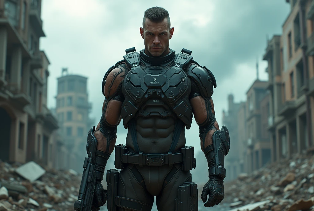 a cybernetically enhanced soldier, 1 man, black and white, born and bred to fight against the rogue AI and warlords, highly detailed, hyper realistic, photorealistic, cinematic, dramatic lighting, chiaroscuro, muscular body, strong facial features, intense expression, tactical gear, futuristic weapons, dystopian landscape, crumbling city, cloudy sky, dramatic shadows, gritty, grunge, moody, cinematic composition, award winning, intricate details, 8k, ultra-detailed, sharp focus, physically-based rendering