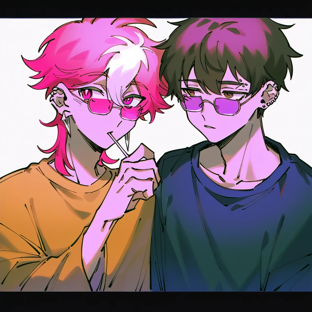 2 boys together, couple. 
First boy: a young man with medium pink hair and some white highlights, UP TO THE NECK, piercings na orelha, hot pink eyes, short clothing. the pink, red and orange are colors present in her sexy and short outfit, next to a pair of light purple glasses. His expression is happy looking at the face of his companion Second boy: a young man with short, dark brown hair, with highlights at the ends in a dark ocean blue, he has a cross earring in one ear and an eyebrow piercing, brown eyes mixed with light blue, long clothing. The black, blue and gray are colors present in his simple sweatshirt, he holds a lollipop in one hand. His expression is disinterested and bored., looking away to the side.
They're both together, e o rapaz de cabelthe pink está abraçando alegremente o de cabelo castanho, while looking at him cutely. The brown haired one supports him, but he doesn&#39;t seem very happy. homosexual couple. 