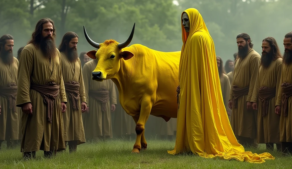 ghost, aesthetic nightmare Realistic picture of a bright yellow cow surrounded by men in traditional old clothes, long hair and belts Behind them is a green grassy area. And next to them is a dead body covered in a shroud. The dead man rises and stands next to the cow, wearing a shroud.