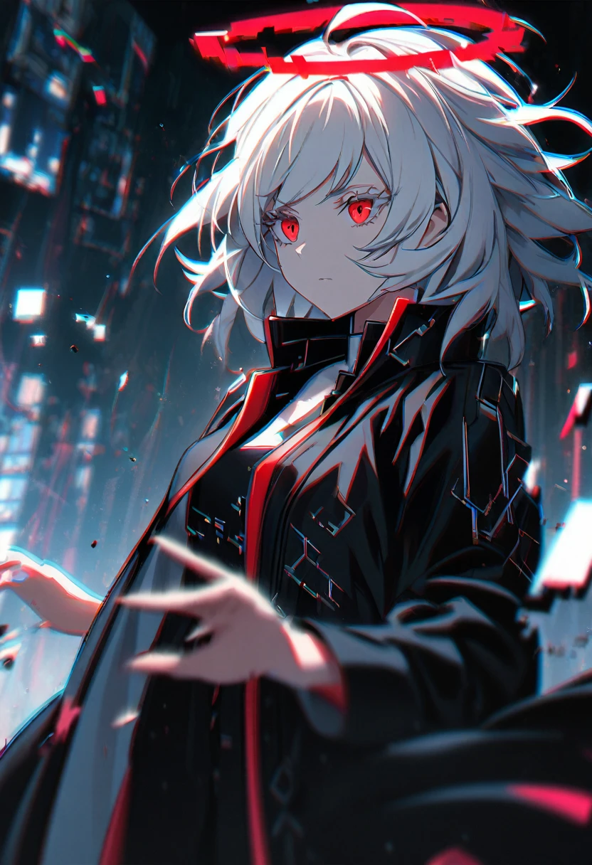 1girl, white hair, wild hair, red eyes, (white eyelashes:1.2), emotionless, red glow halo, mature, black coat, short hair, (chromatic aberration:1.2), reality break, destruction city, solo, (evil godness:1.2), digital dissolve, dynamic pose