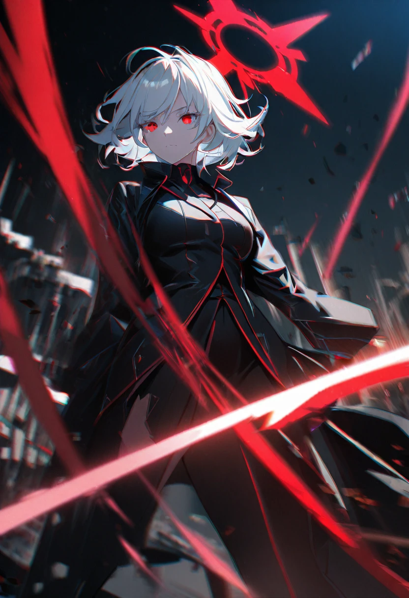 1girl, white hair, wild hair, red eyes, (white eyelashes:1.2), emotionless, red glow halo, mature, black coat, short hair, (chromatic aberration:1.2), reality break, destruction city, solo, (evil godness:1.2), digital dissolve, dynamic pose