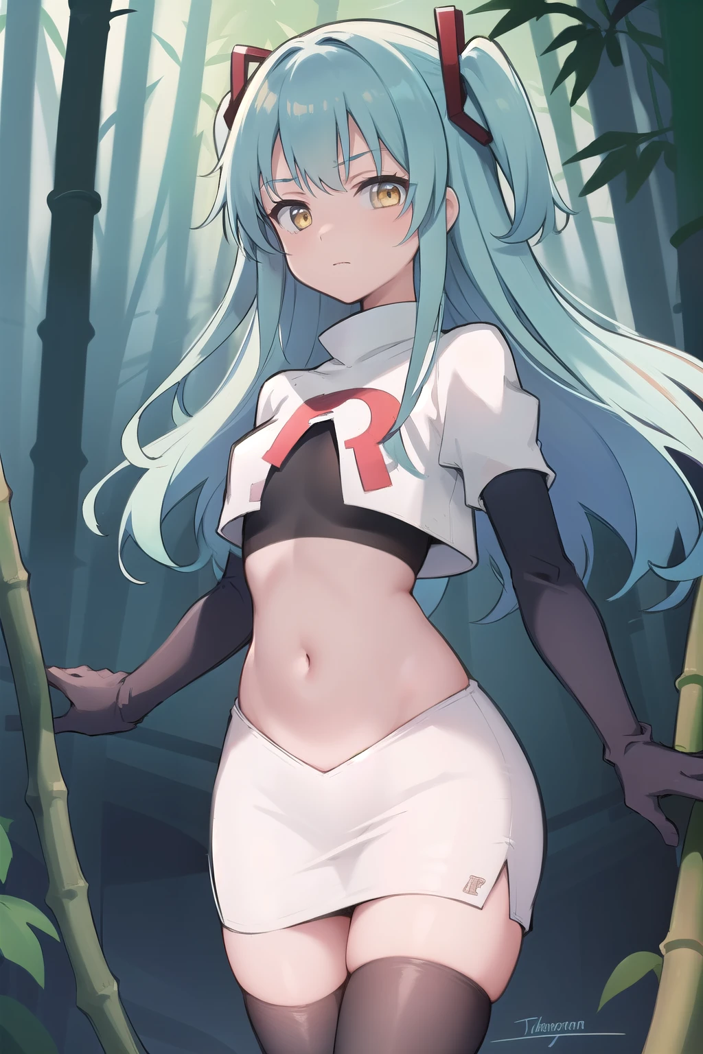 best quality, (masterpiece:1.2), illustration, absurdres,
(1girl, solo), (beautiful detailed girl),
Tio Plato, yellow eyes, aqua hair, long hair, two side up, small breasts,
fake animal ears,
team rocket,team rocket uniform,white skirt,red letter R,crop top,black thigh-highs,black elbow gloves,
looking at viewer,
in bamboo forest, chinese architecture, stream,,
cowboy shot,