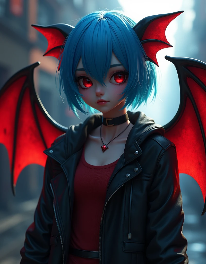 a highly detailed portrait of remilia scarlet, a vampire with bat wings, short blue hair, standing with an evil smile, wearing a jacket and taut shirt, (best quality,4k,8k,highres,masterpiece:1.2),ultra-detailed,(realistic,photorealistic,photo-realistic:1.37),HDR,UHD,studio lighting,ultra-fine painting,sharp focus,physically-based rendering,extreme detail description,professional,vivid colors,bokeh,