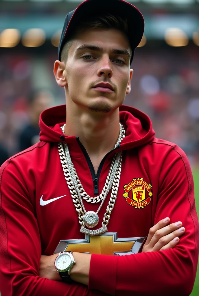 a serbian manchester united 18 year old footballer giving an interview after a game in training jacket with iced out chains and a cap and a rolex