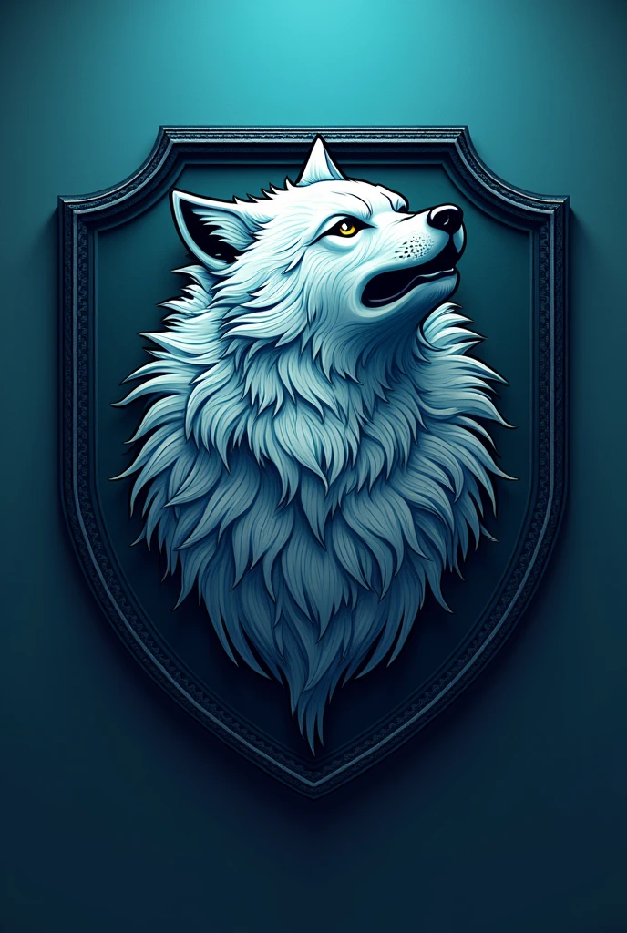 Shield logo with a wolf with white colors, dorado, turquoise and blue