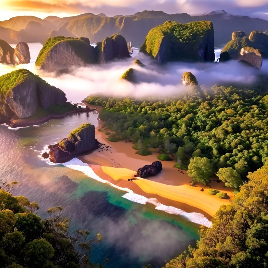 Island of the Gods, amazing scenery, otherworldly morning with golden to red tints, mystical and serene feelings, brave, epic, good morning, ancient Australia, emerging from the darkness, praying for world peace. ((Best Quality, 8K, Masterpiece: 1.3))