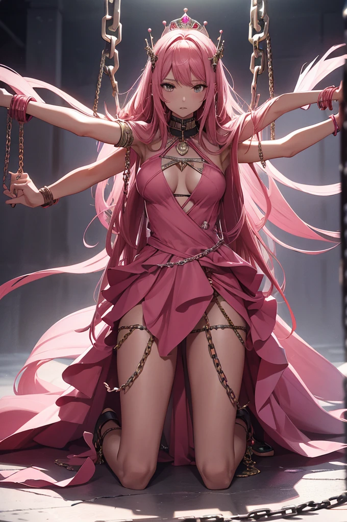 Beautiful woman, full body, adult woman, long hair, red hair, kneeling woman, princess crown on head, pink dress, pink dress, pink dress, ripped dress, torn dress, chained with outstretched arms, prisoner, prisoner, shackles on arms, outstretched arms, pink heels, bare legs, bare arms, chains, surround woman, chained woman, pink heels, many chains surround woman,  Chain Surround Women's Ponytail, Chain Surround Women's Ponytail, Long Legs, Long Legs, Bare Legs, Chain Surround Woman's Waist and Torso, Chains Surround Woman's Waist and Chest