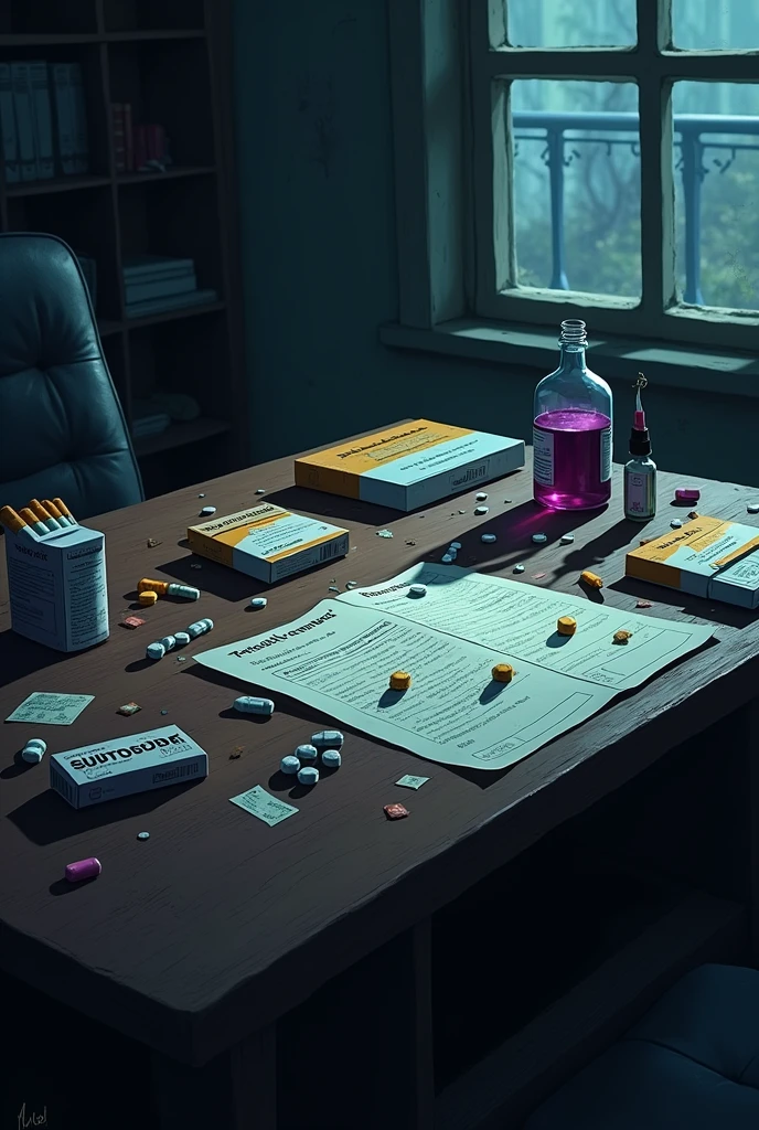 A desk full of cigarettes, cigarette packs, pills, box of controlled medicine and a bottle with purple liquid. Make it in gothic animation style
