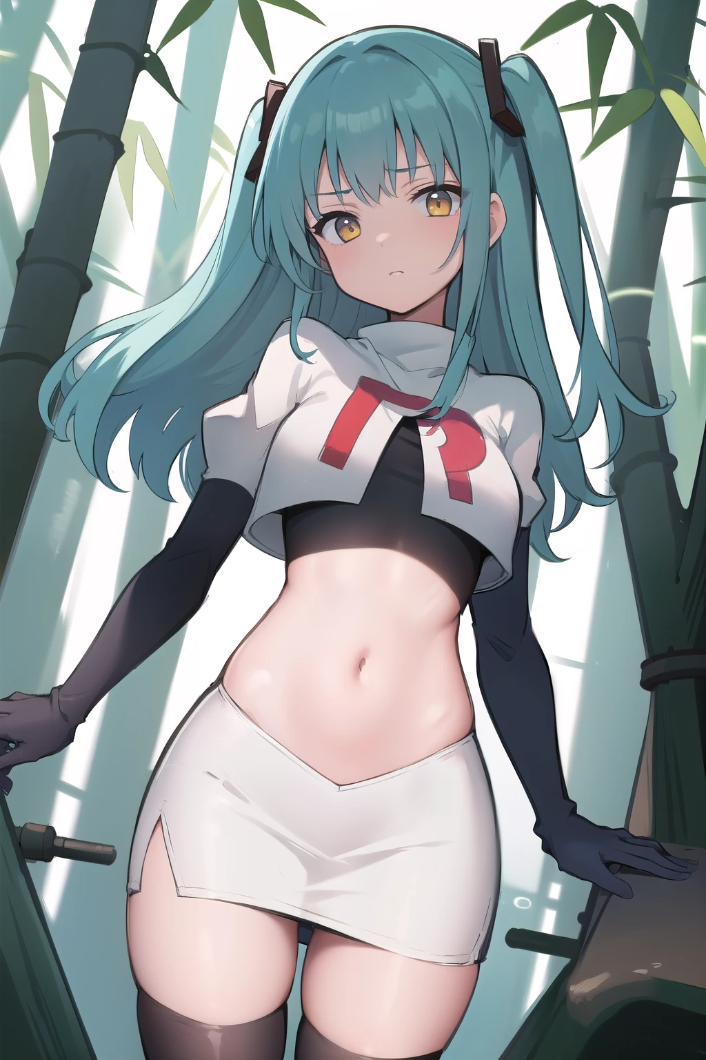 best quality, (masterpiece:1.2), illustration, absurdres,
(1girl, solo), (beautiful detailed girl),
Tio Plato, yellow eyes, aqua hair, long hair, two side up, small breasts,
fake animal ears,
team rocket,team rocket uniform,white skirt,red letter R,crop top,black thigh-highs,black elbow gloves,
looking at viewer,
in bamboo forest, chinese architecture, stream,,
cowboy shot,