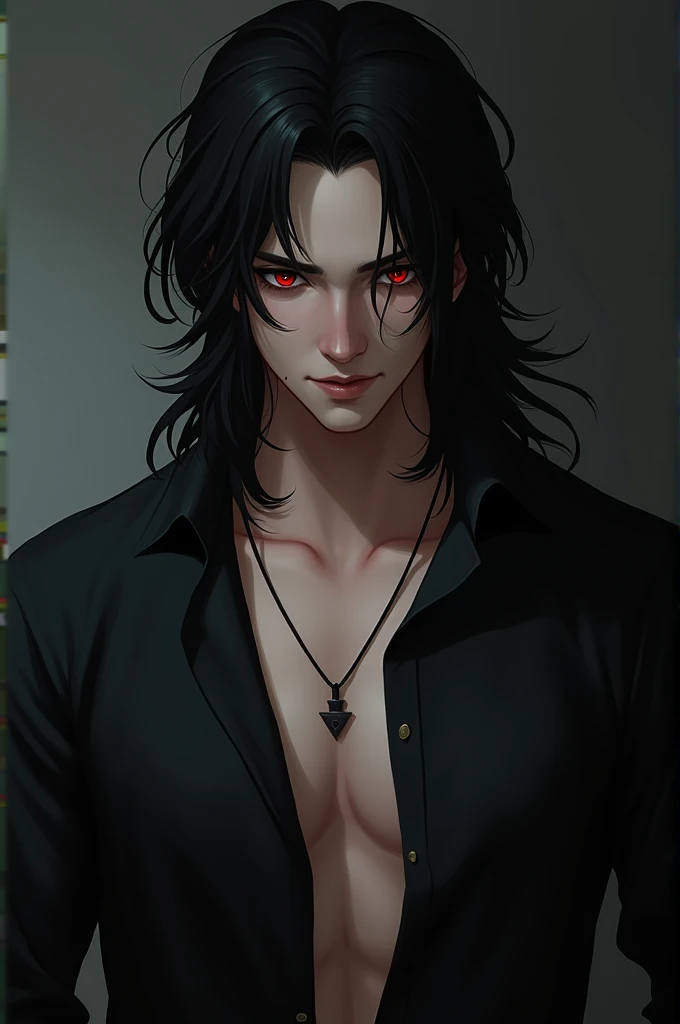 young European man, with long black hair , red eyes , smirking, dressed in a unbuttoned shirt