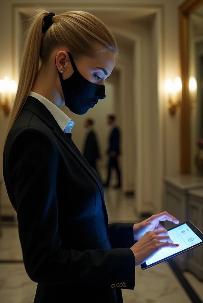 a blonde girl,  dressed in a black suit and a mask, Deactivates the bank&#39;s alarms with his tablet 