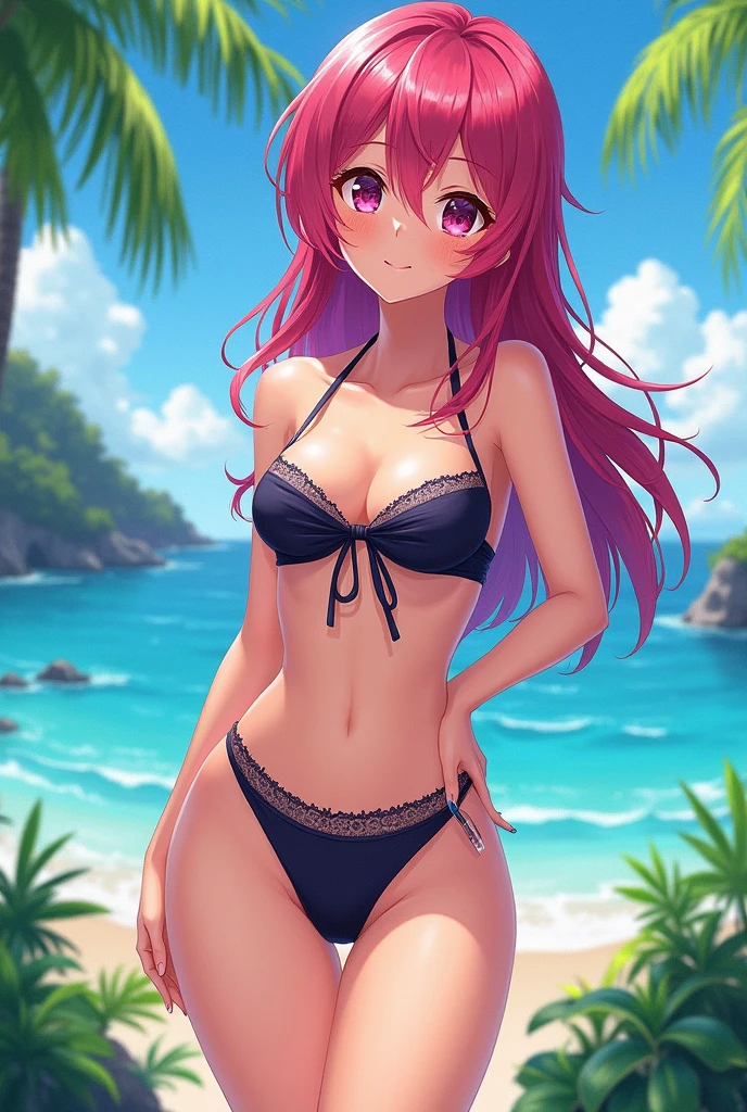 lighting like a movie、top-quality、Slender Line、embarrassed from、Eyes from below、Colossal tits、Girl in pink bikini、the beach、