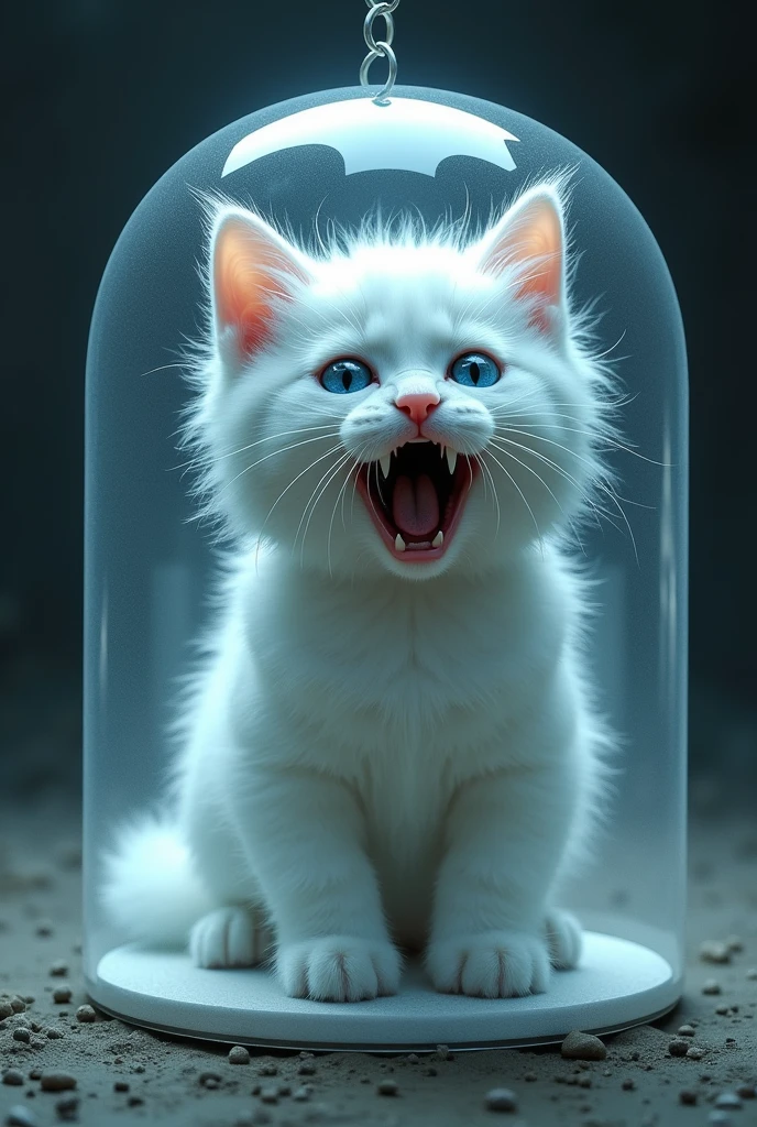 Make a white cat dipped in resin crying for help he has blue eyes