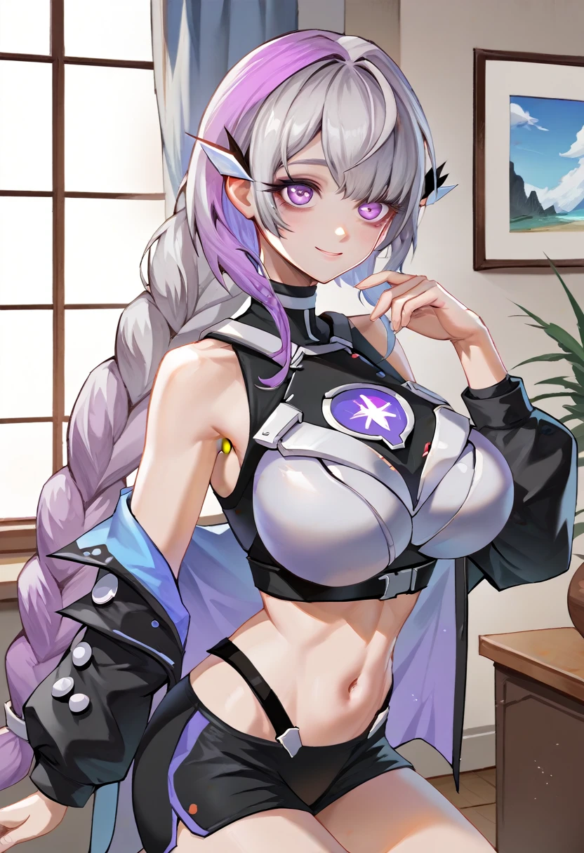 score_9,score_8_up,score_7_up, yinji,1girl,solo,purple_hair,purple_eyes,very_long_hair,grey_hair,braided_ponytail,large_breasts,gradient_hair,bags under eyes,smile,living room