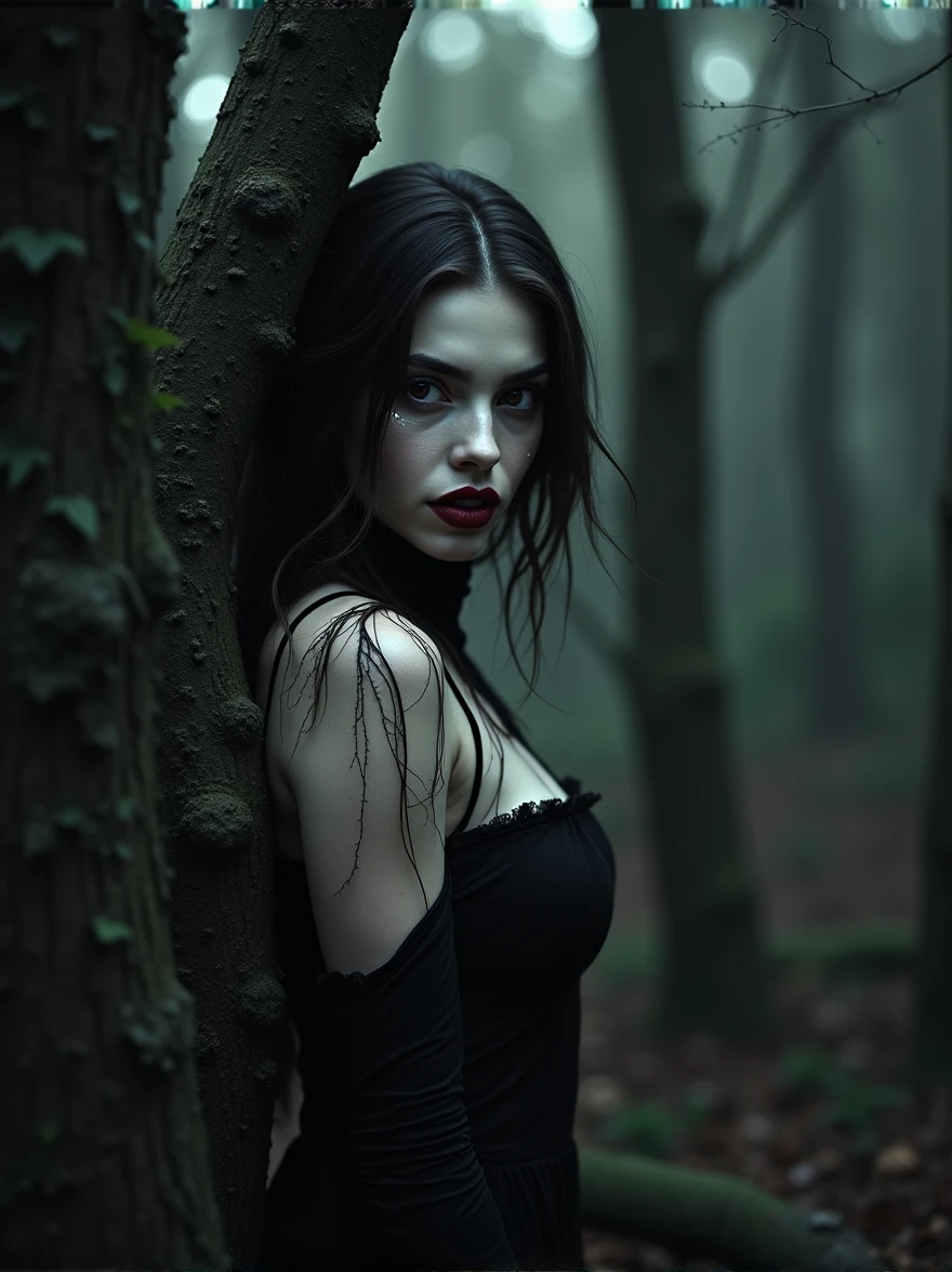 une femme vampire nue dans une forêt, tendance de l'art fantastique numérique, peau de porcelaine », enveloppé dans des tentacules noirs, impression haute résolution :1 rouge, teint blanc, métamorphe, forêts sombres entourant, Palette de couleurs noir et blanc