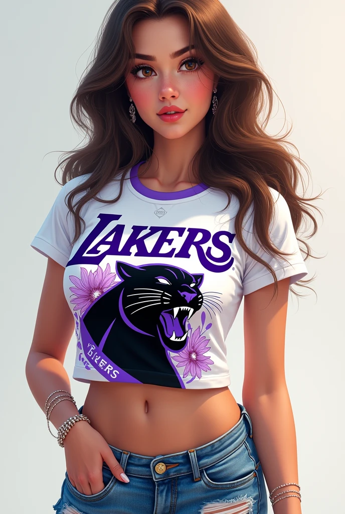 Woman with long wavy brown hair and brown eyes wearing denim shorts and a white Lakers shirt with purple and a black panther on one side with flowers