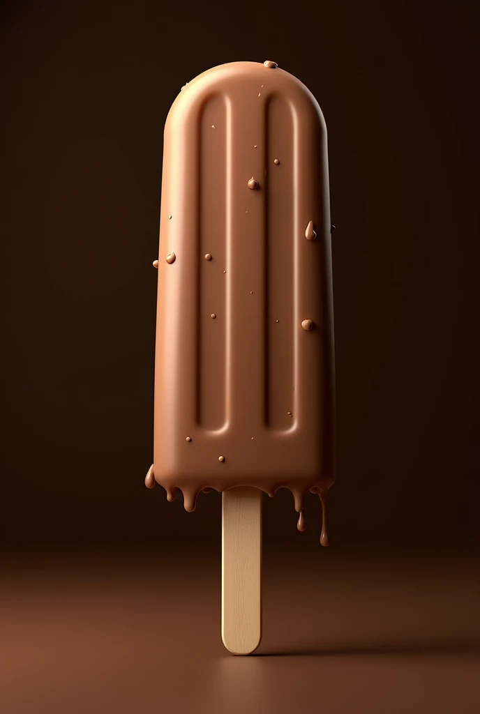 A mesmerizing cinematic poster featuring a 3D rendering of Brazil's iconic regional popsicle. The elongated, cylindrical ice cream shows off its rich brown frozen content, similar to cappuccino OR COFFEE. The pointy ends of the packaging create dramatic, sharp angles, one more tapered and the other flatter. Drops of condensation on the surface give the popsicle a wet appearance. The striking lighting highlights the shine of the condensation drops, making the Popsicle stand out against the dark brown background. This captivating image perfectly showcases the unique and delicious deliciousness of Brazilian ice cream, attracting potential consumers with its irresistible charm., cinematic, poster, photo, product, 3d rendering
