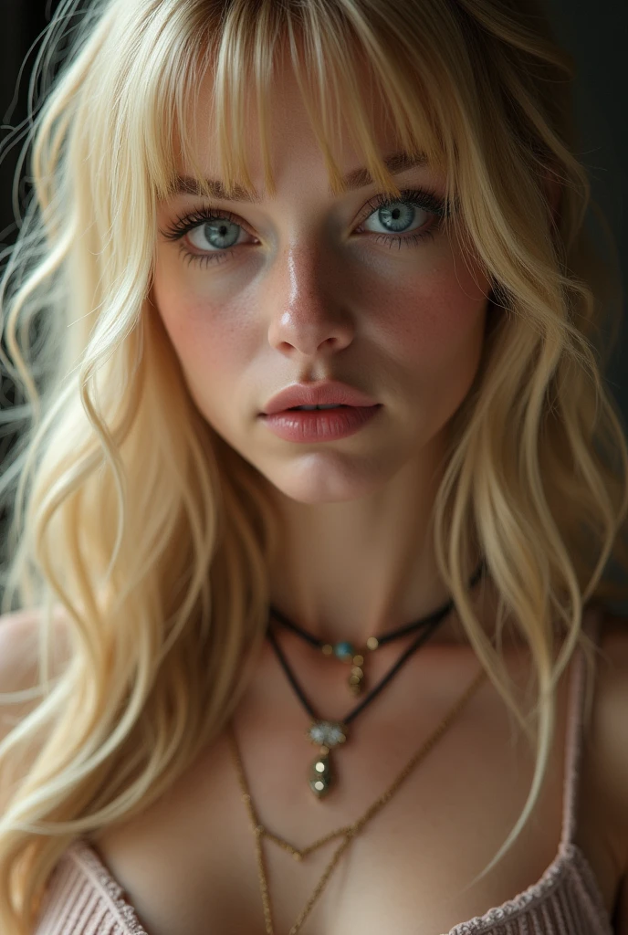 good quality, best quality, photo-realisti, Rohfoto, realisti, ultra realisti 8k cg, ultradetailed, High resolution, ​masterpiece, 1 girl, 19 years old,  long gold blonde hair, bangs, blue eyes, detailed face and eyes, close up shot, Intricate detailing, detailed texture, delicate detailed, kurzes Latex-Top, Jewelry around the neck, medium breasts